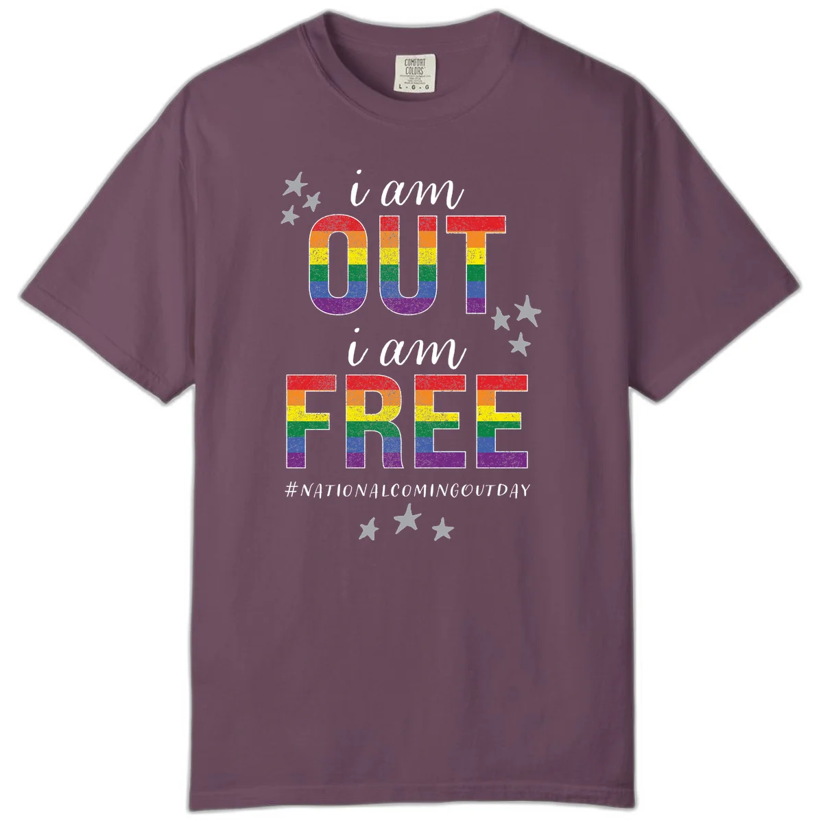 Rainbow-striped letters spelling 'i am OUT i am FREE' with decorative stars on gray background celebrating National Coming Out Day pride. in Berry