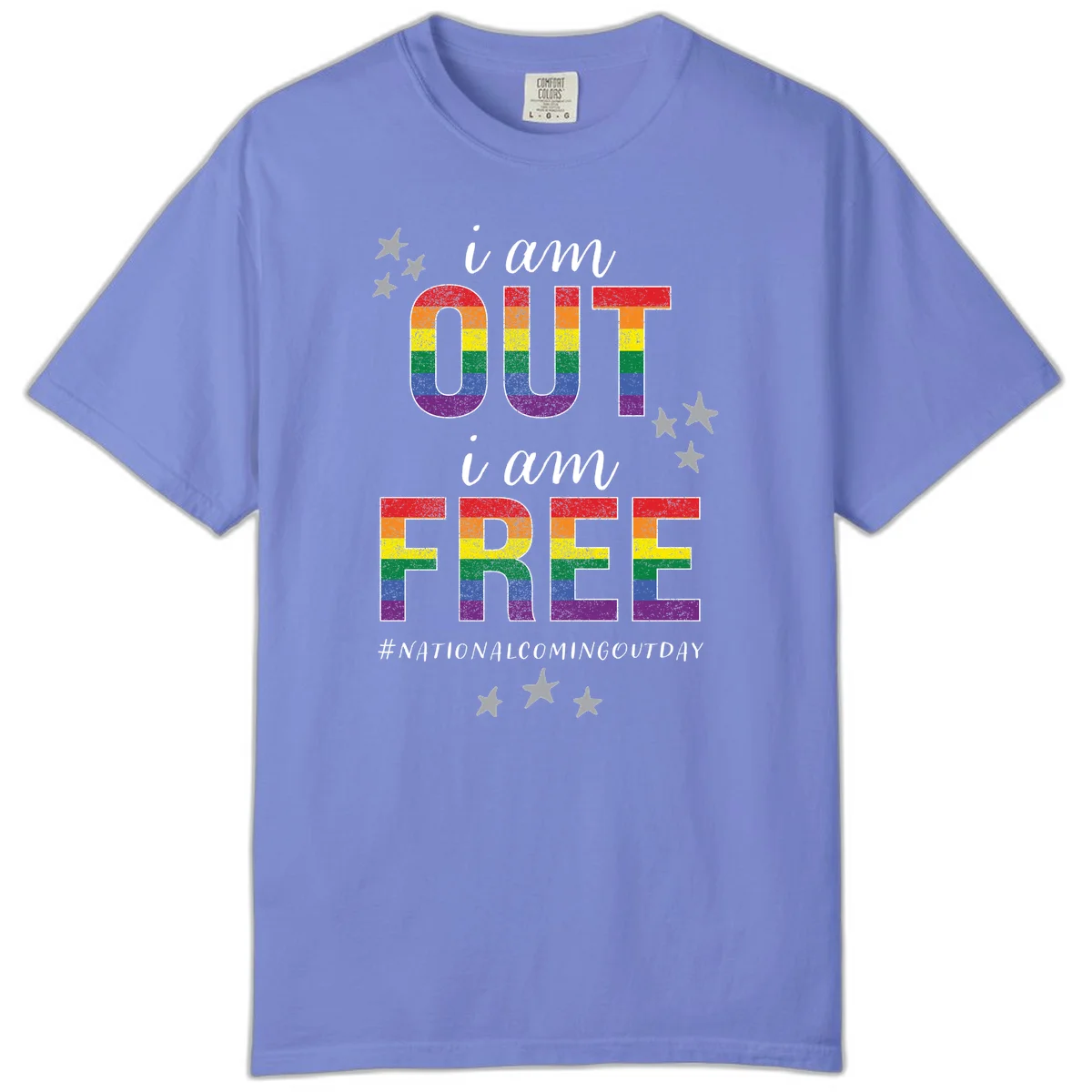 Rainbow-striped letters spelling 'i am OUT i am FREE' with decorative stars on gray background celebrating National Coming Out Day pride. in Flo Blue
