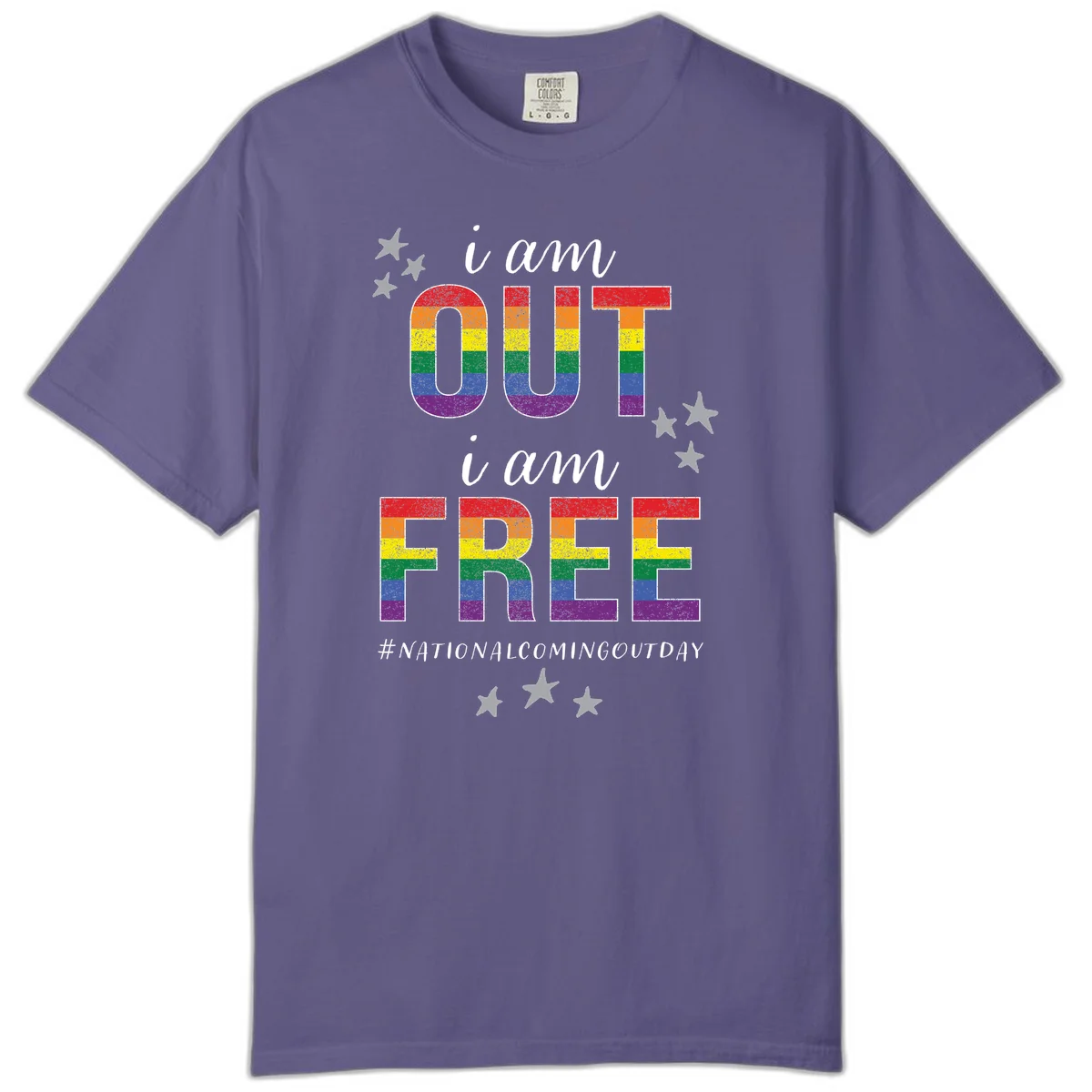 Rainbow-striped letters spelling 'i am OUT i am FREE' with decorative stars on gray background celebrating National Coming Out Day pride. in Grape