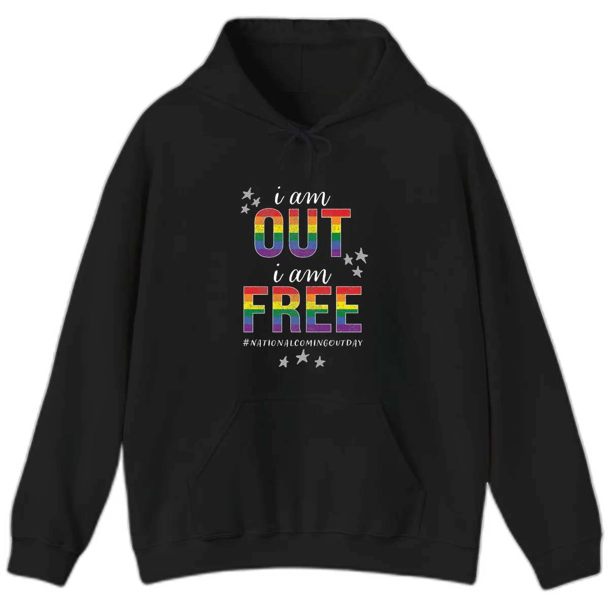 Rainbow-striped letters spelling 'i am OUT i am FREE' with decorative stars on gray background celebrating National Coming Out Day pride. in Black