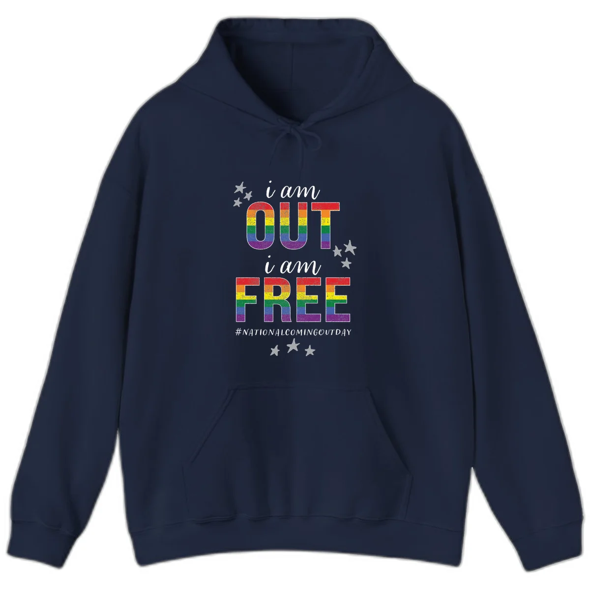 Rainbow-striped letters spelling 'i am OUT i am FREE' with decorative stars on gray background celebrating National Coming Out Day pride. in Navy