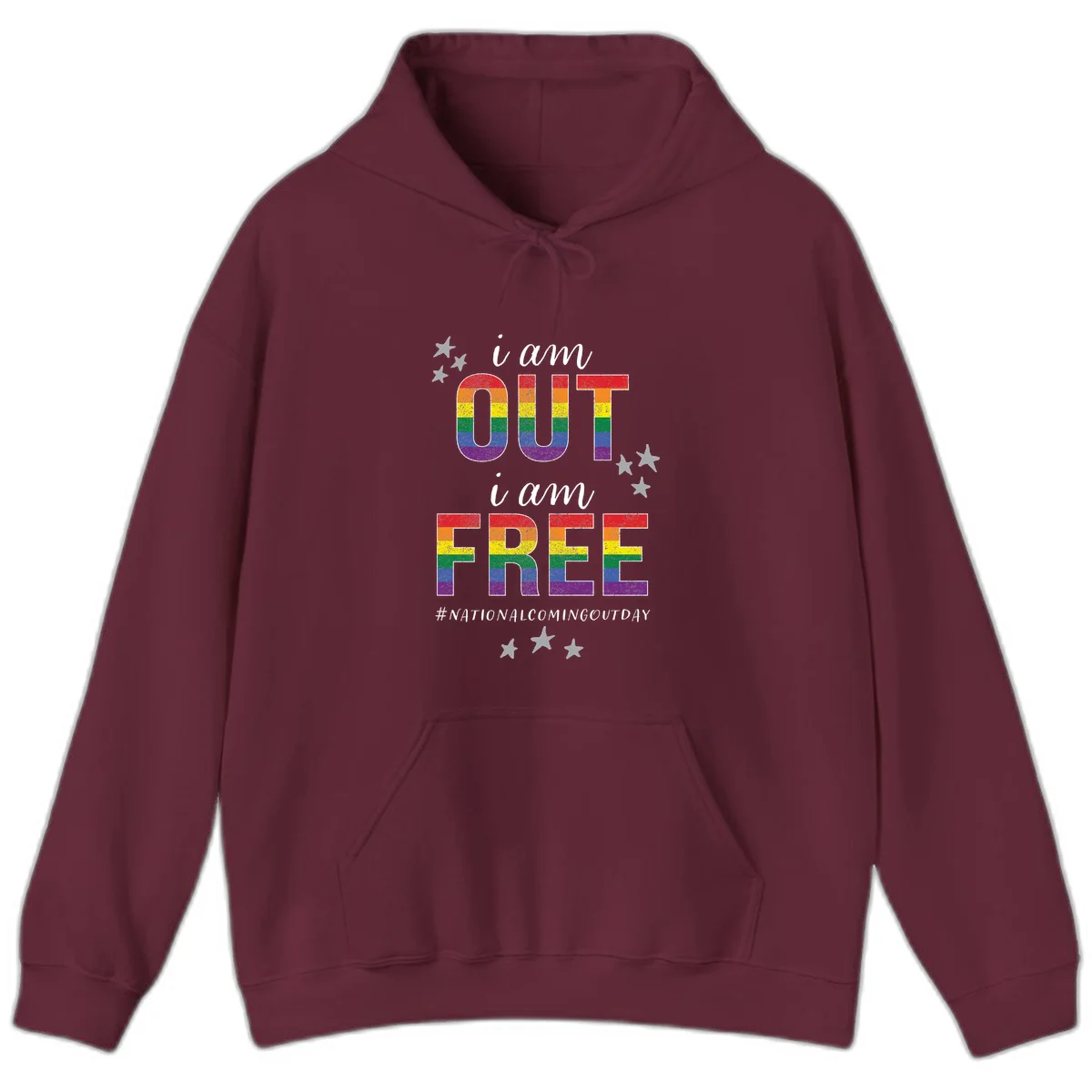 Rainbow-striped letters spelling 'i am OUT i am FREE' with decorative stars on gray background celebrating National Coming Out Day pride. in Maroon