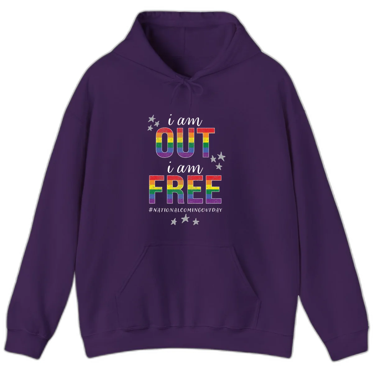 Rainbow-striped letters spelling 'i am OUT i am FREE' with decorative stars on gray background celebrating National Coming Out Day pride. in Purple