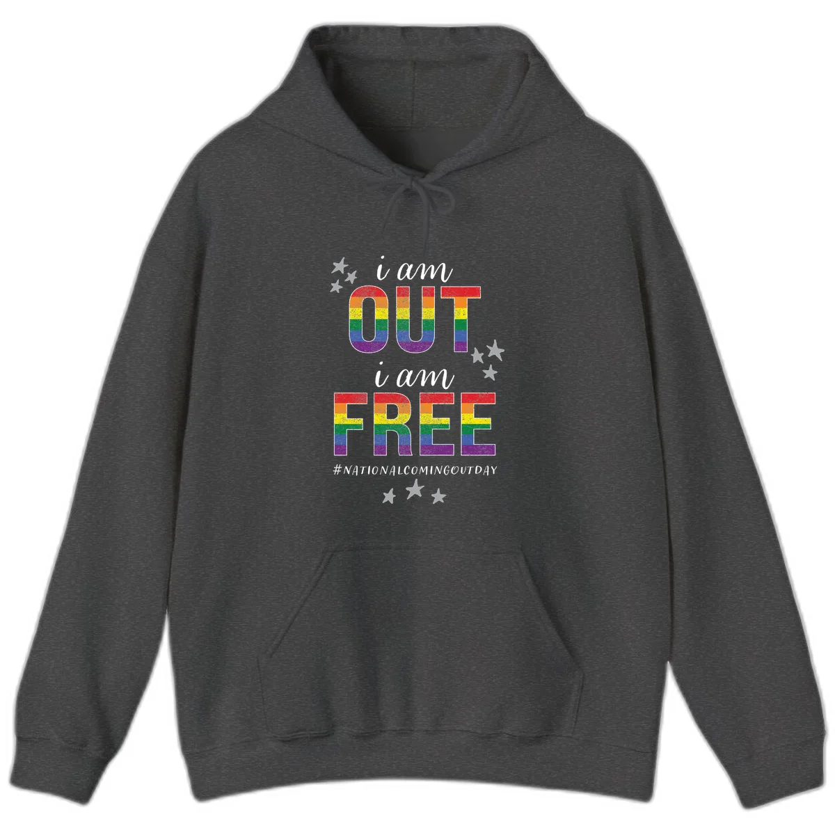 Rainbow-striped letters spelling 'i am OUT i am FREE' with decorative stars on gray background celebrating National Coming Out Day pride. in Dark Heather