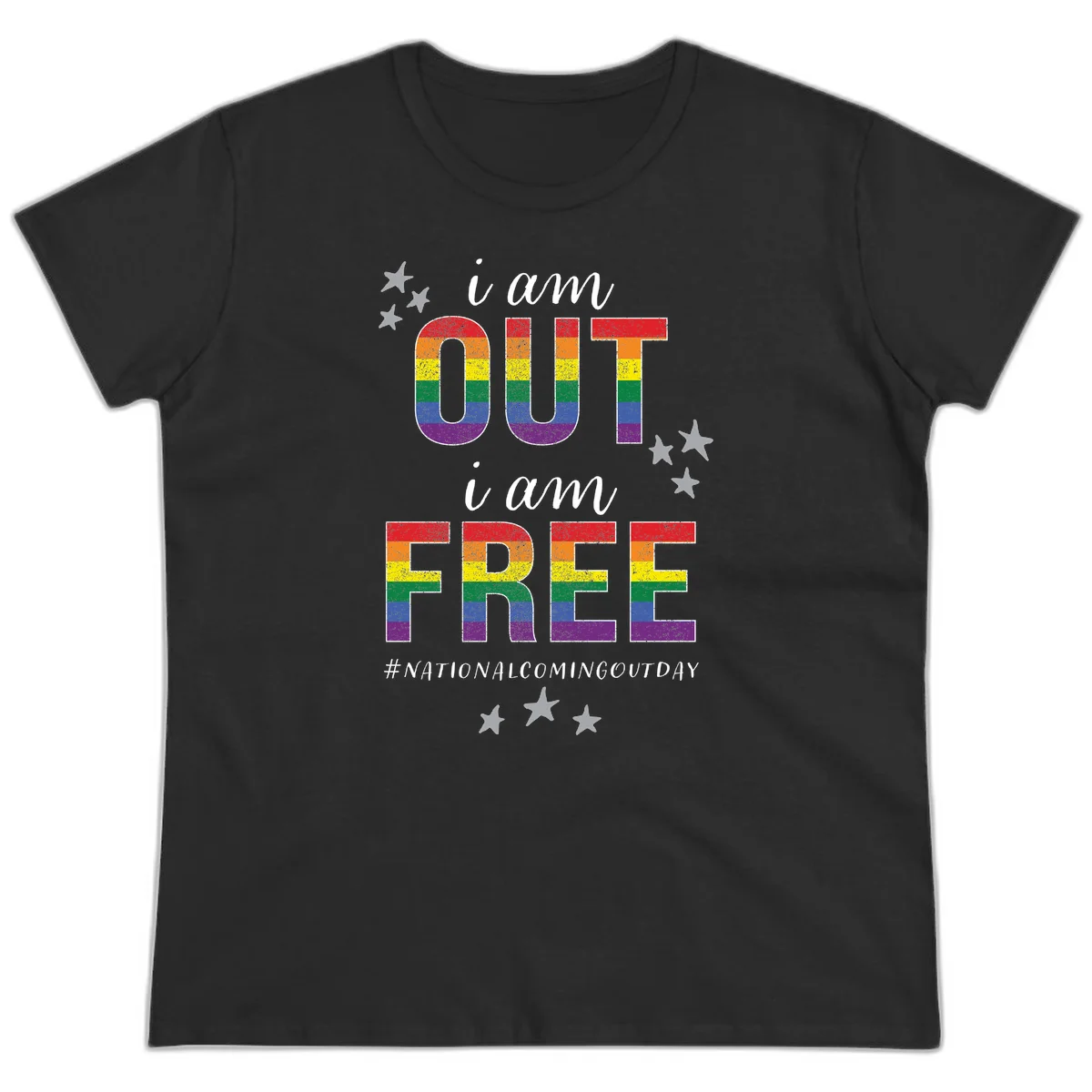 Rainbow-striped letters spelling 'i am OUT i am FREE' with decorative stars on gray background celebrating National Coming Out Day pride. in Black