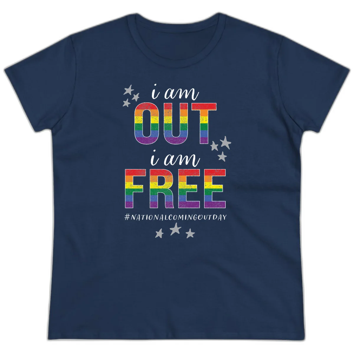 Rainbow-striped letters spelling 'i am OUT i am FREE' with decorative stars on gray background celebrating National Coming Out Day pride. in Navy