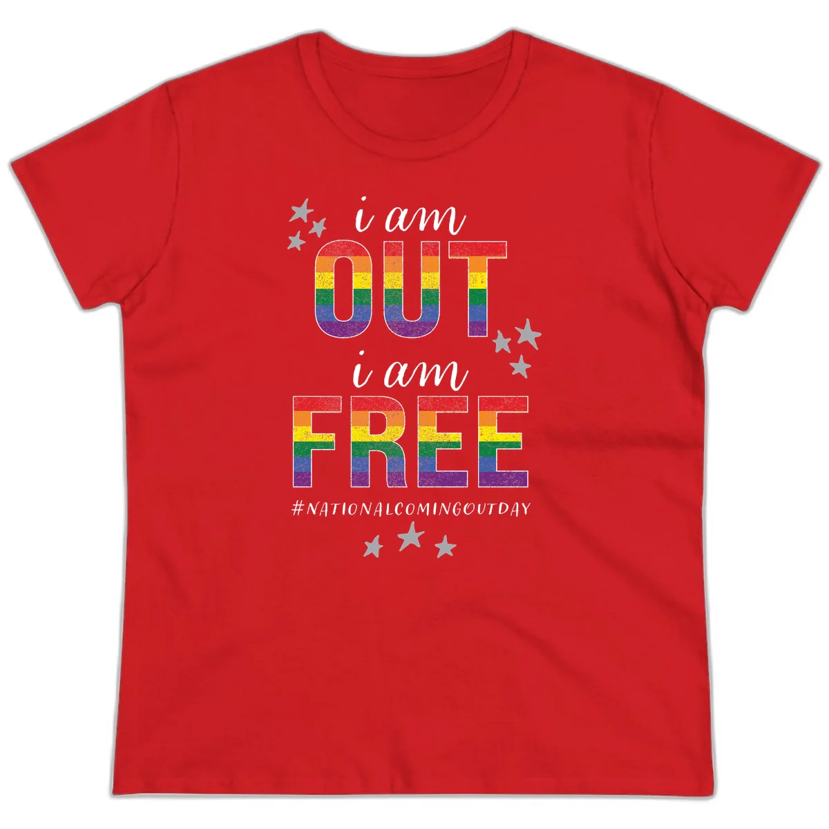 Rainbow-striped letters spelling 'i am OUT i am FREE' with decorative stars on gray background celebrating National Coming Out Day pride. in Red