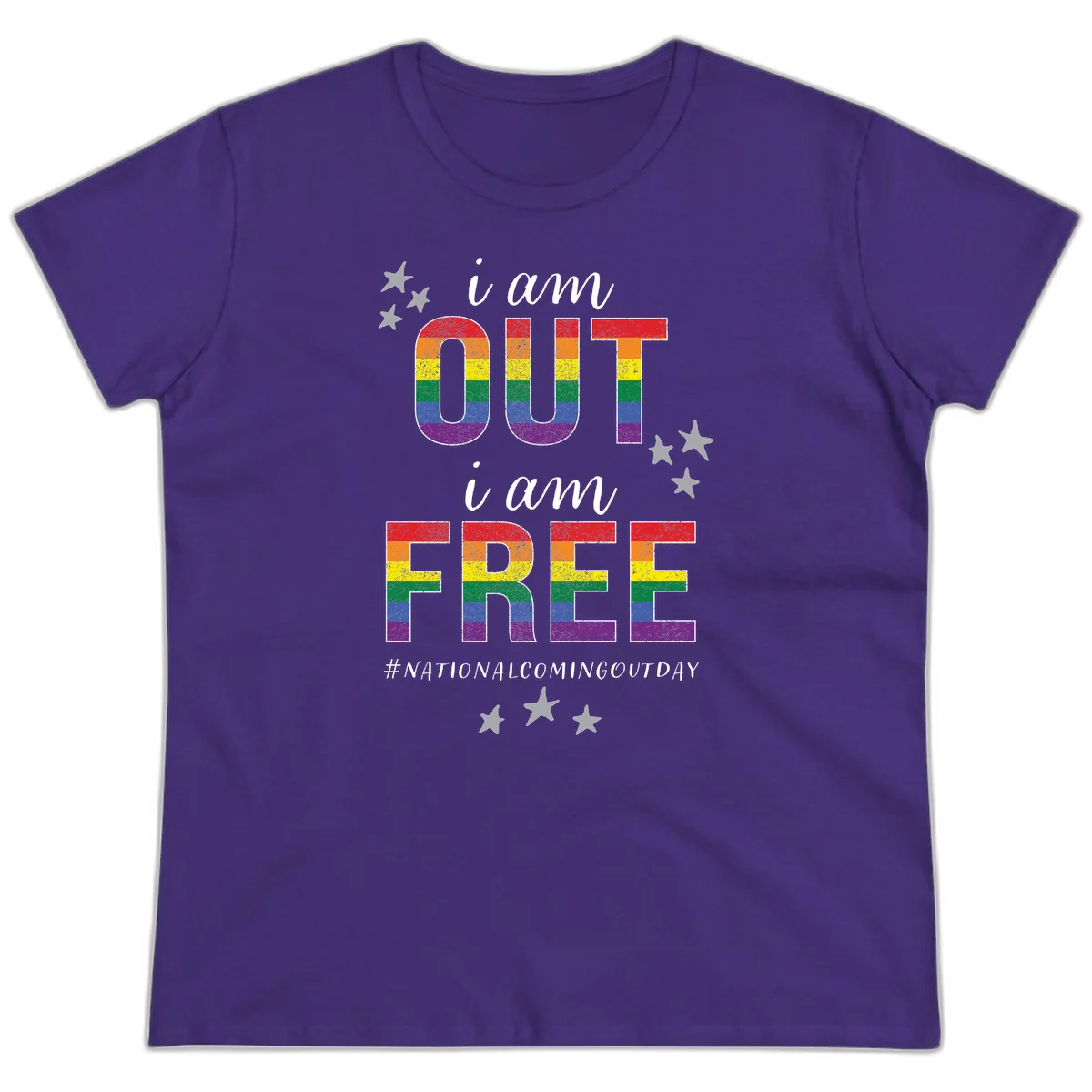 Rainbow-striped letters spelling 'i am OUT i am FREE' with decorative stars on gray background celebrating National Coming Out Day pride. in Purple