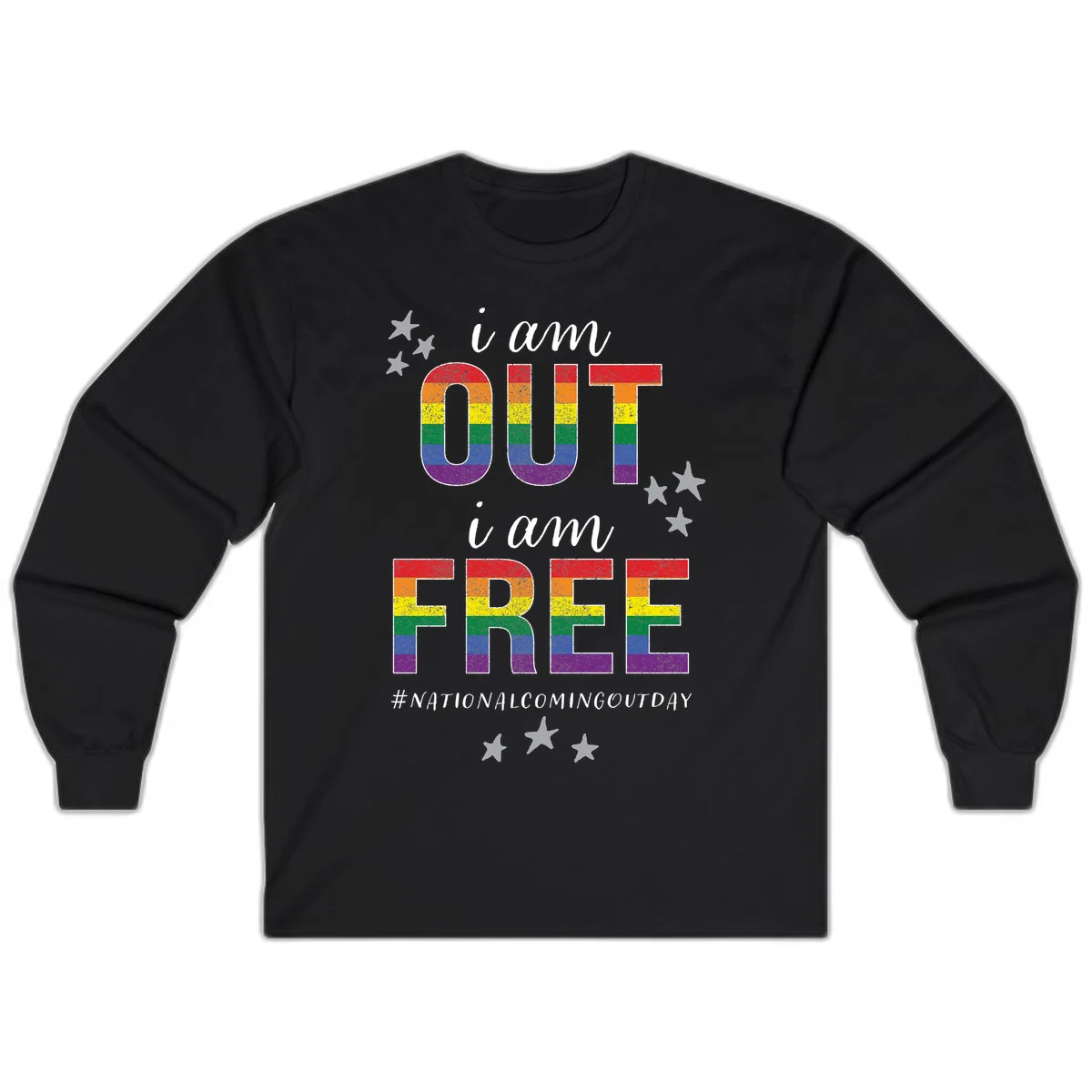 Rainbow-striped letters spelling 'i am OUT i am FREE' with decorative stars on gray background celebrating National Coming Out Day pride. in Black