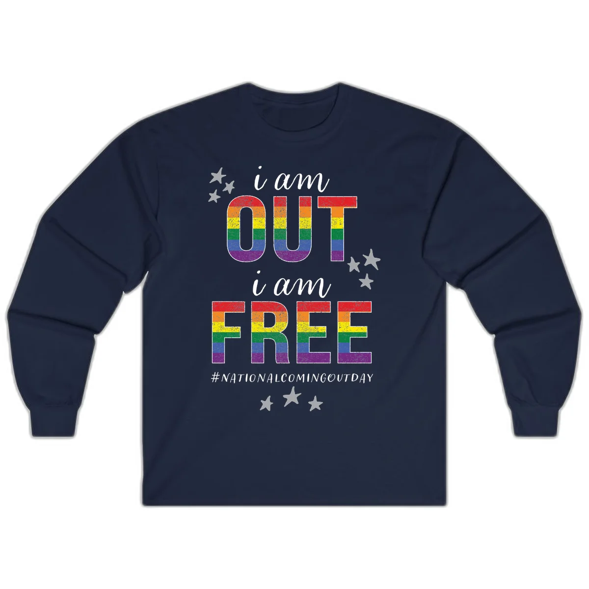 Rainbow-striped letters spelling 'i am OUT i am FREE' with decorative stars on gray background celebrating National Coming Out Day pride. in Navy