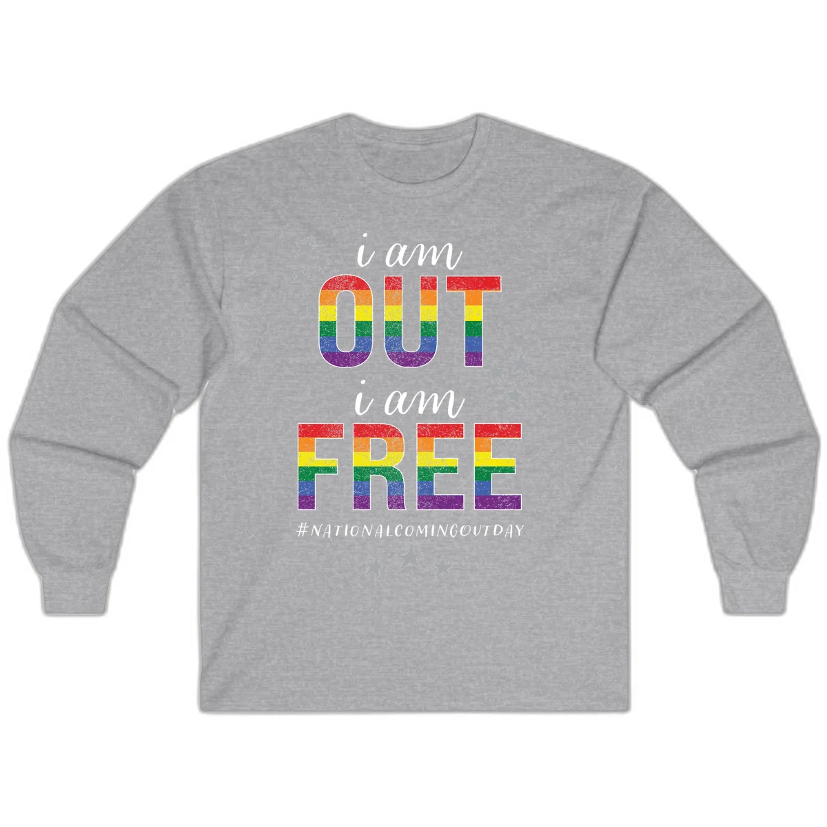 Rainbow-striped letters spelling 'i am OUT i am FREE' with decorative stars on gray background celebrating National Coming Out Day pride. in Sport Grey