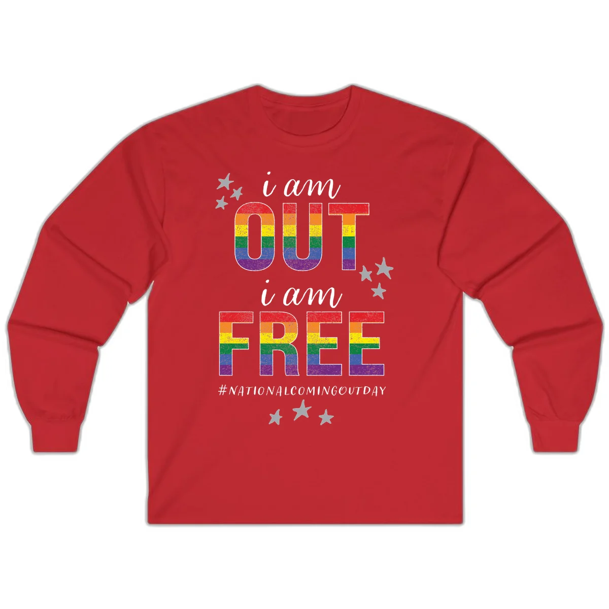 Rainbow-striped letters spelling 'i am OUT i am FREE' with decorative stars on gray background celebrating National Coming Out Day pride. in Red