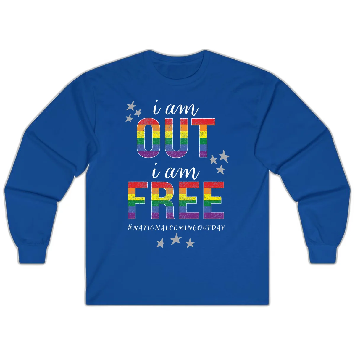 Rainbow-striped letters spelling 'i am OUT i am FREE' with decorative stars on gray background celebrating National Coming Out Day pride. in Royal