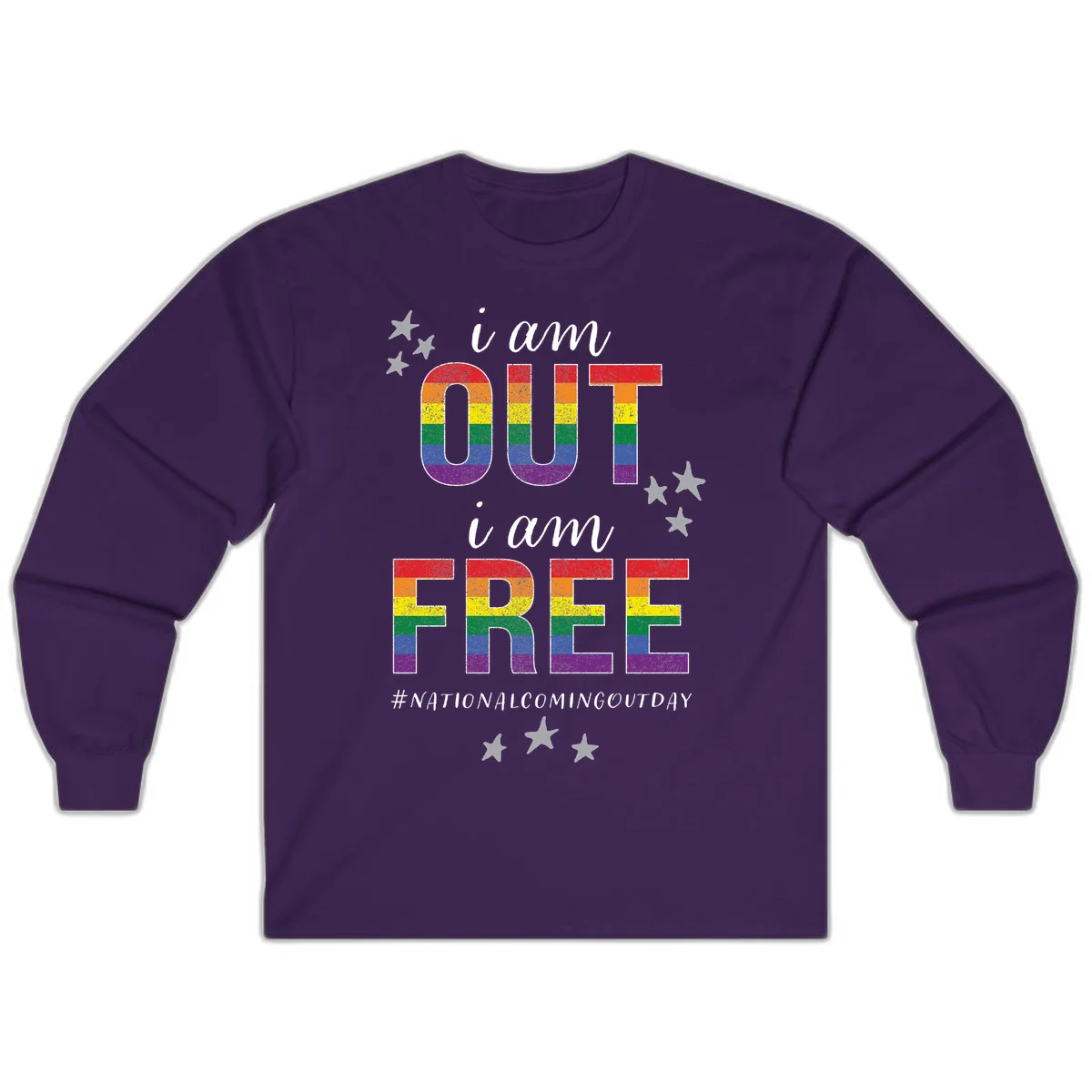 Rainbow-striped letters spelling 'i am OUT i am FREE' with decorative stars on gray background celebrating National Coming Out Day pride. in Purple