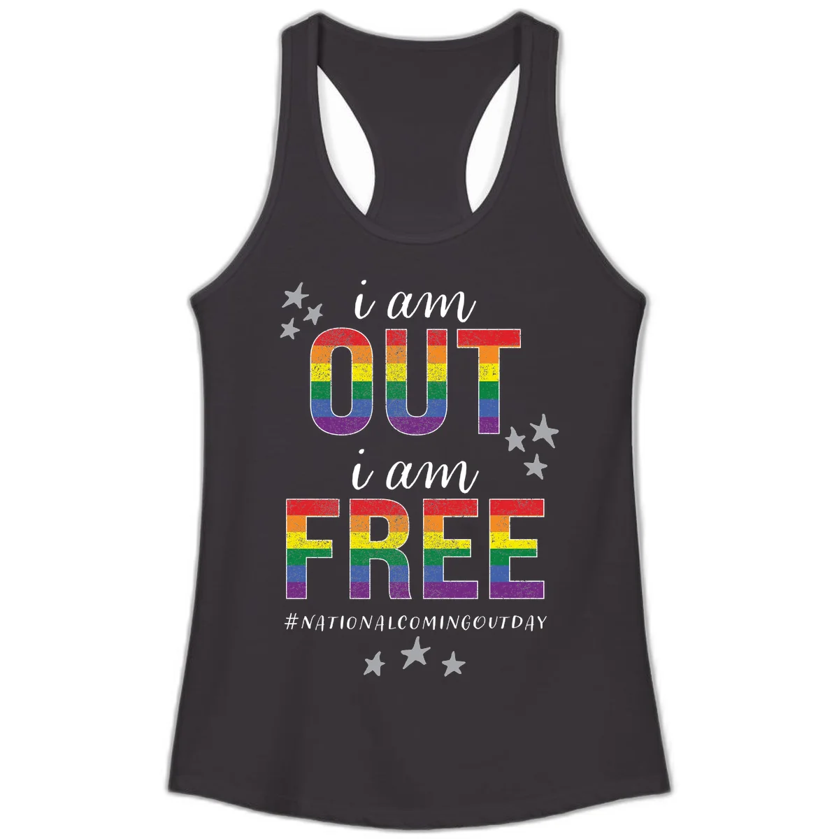 Rainbow-striped letters spelling 'i am OUT i am FREE' with decorative stars on gray background celebrating National Coming Out Day pride. in Black