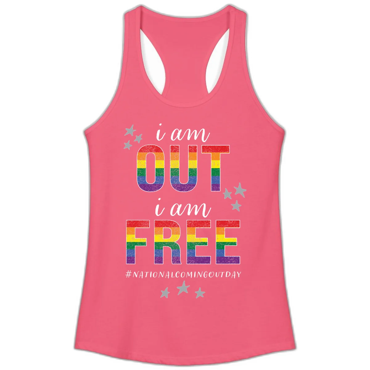 Rainbow-striped letters spelling 'i am OUT i am FREE' with decorative stars on gray background celebrating National Coming Out Day pride. in Hot Pink