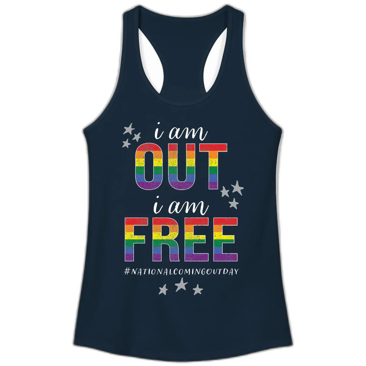 Rainbow-striped letters spelling 'i am OUT i am FREE' with decorative stars on gray background celebrating National Coming Out Day pride. in Solid Midnight Navy