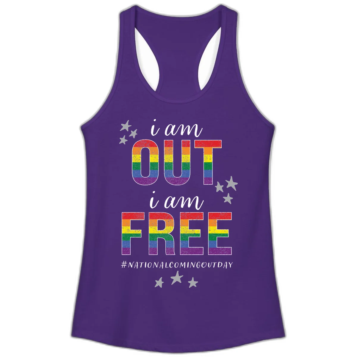 Rainbow-striped letters spelling 'i am OUT i am FREE' with decorative stars on gray background celebrating National Coming Out Day pride. in Solid Purple Rush