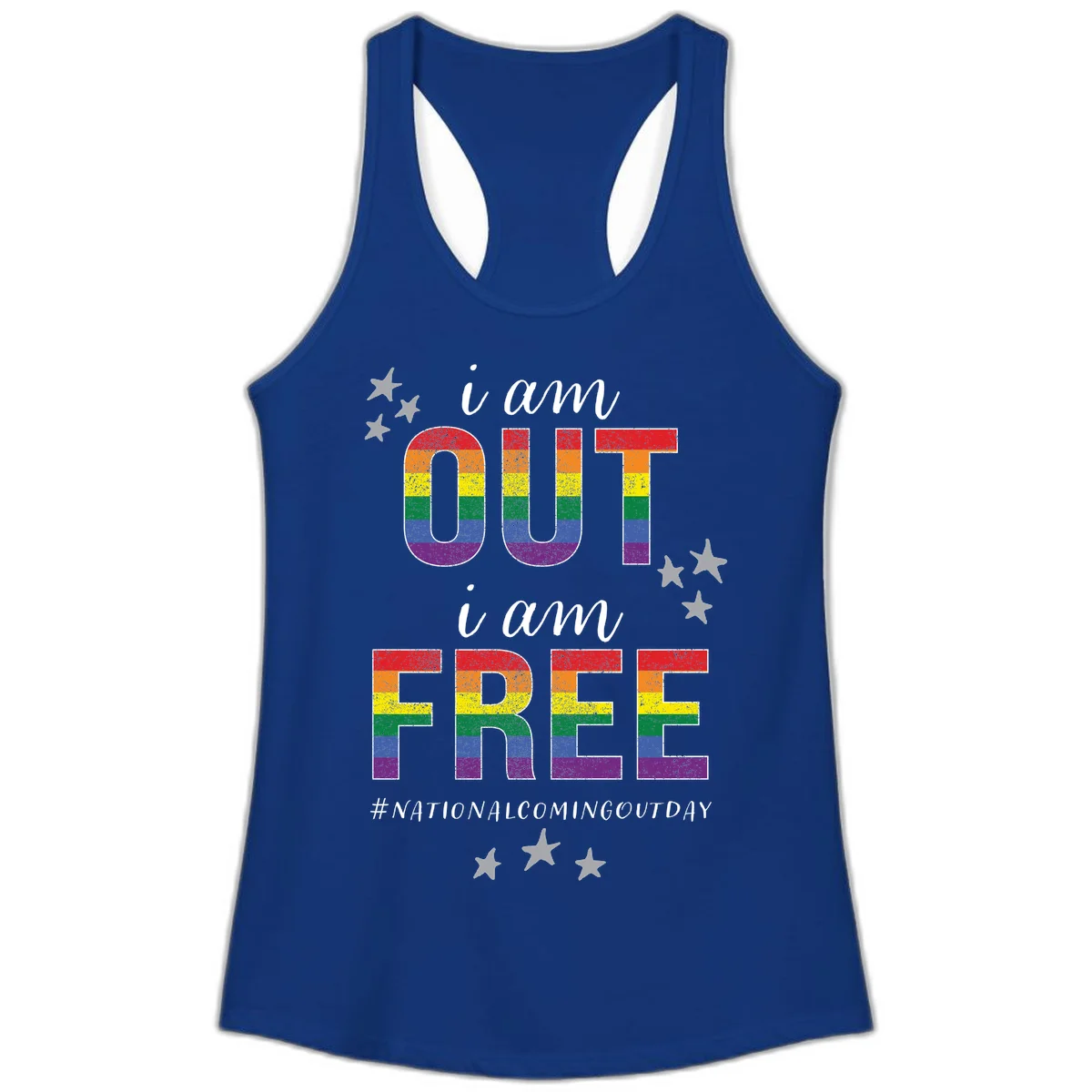 Rainbow-striped letters spelling 'i am OUT i am FREE' with decorative stars on gray background celebrating National Coming Out Day pride. in Solid Royal