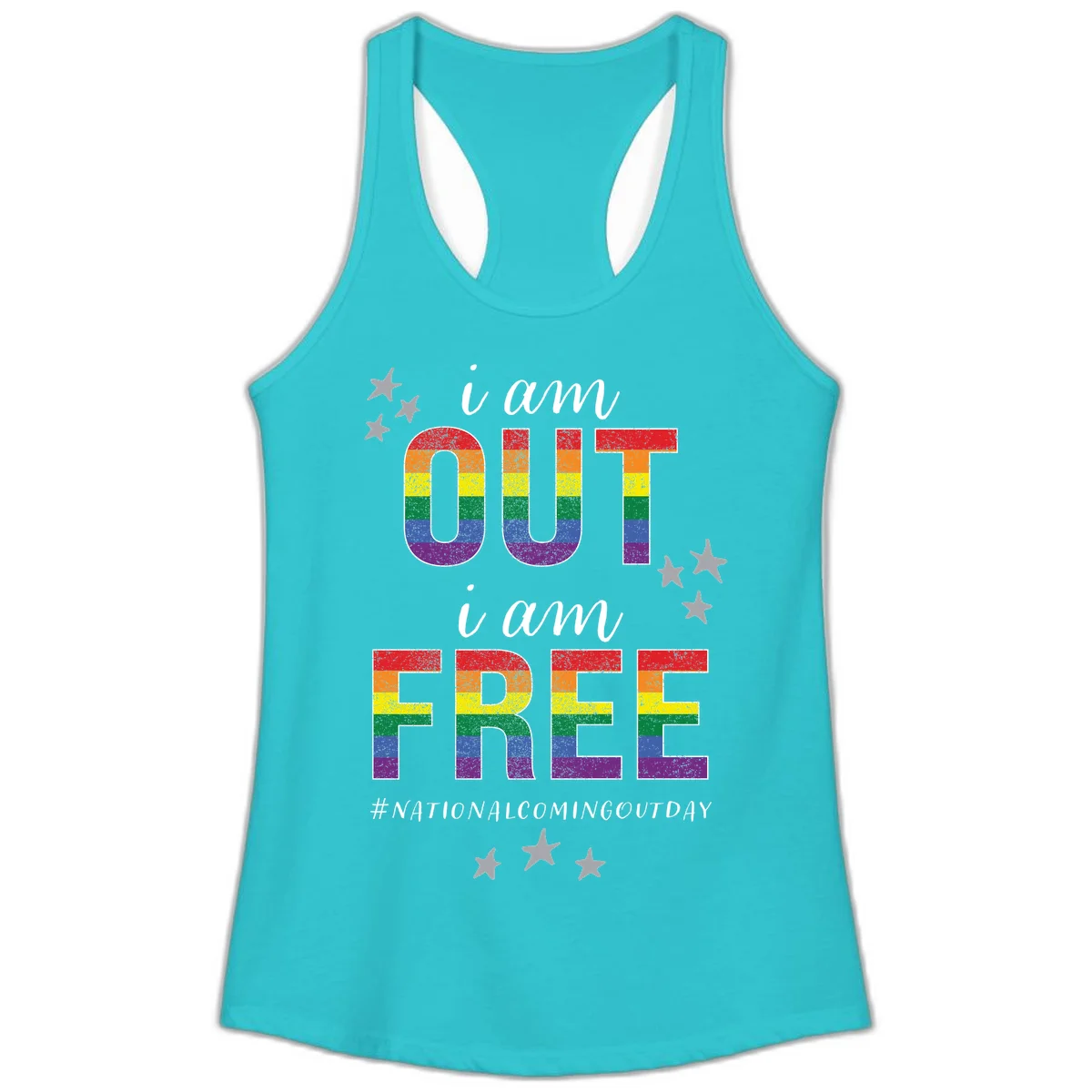 Rainbow-striped letters spelling 'i am OUT i am FREE' with decorative stars on gray background celebrating National Coming Out Day pride. in Solid Tahiti Blue