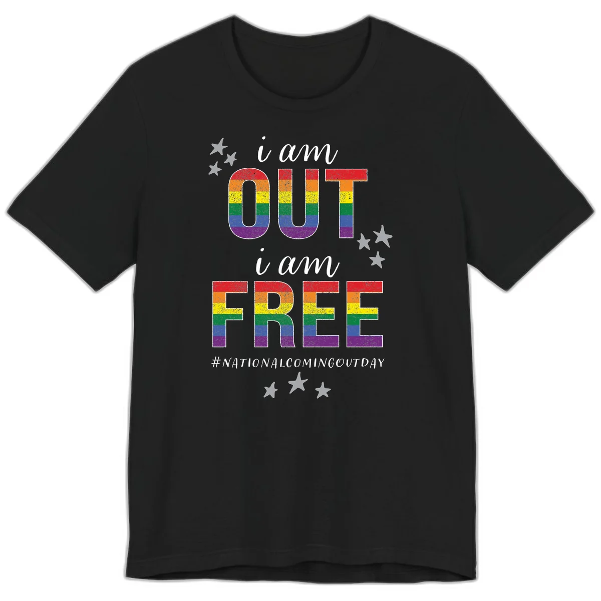 Rainbow-striped letters spelling 'i am OUT i am FREE' with decorative stars on gray background celebrating National Coming Out Day pride. in Black