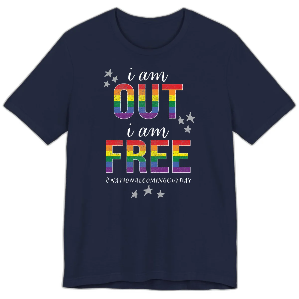 Rainbow-striped letters spelling 'i am OUT i am FREE' with decorative stars on gray background celebrating National Coming Out Day pride. in Navy