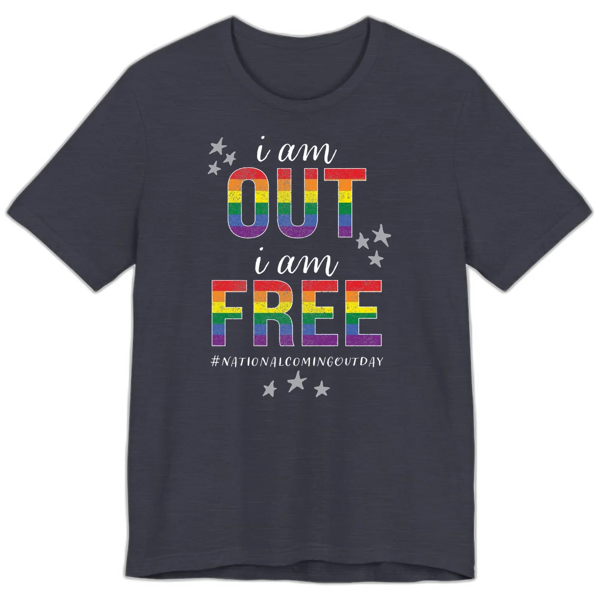 Rainbow-striped letters spelling 'i am OUT i am FREE' with decorative stars on gray background celebrating National Coming Out Day pride. in Heather Midnight Navy