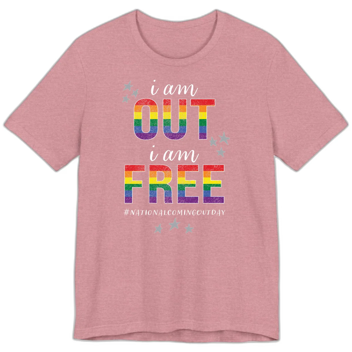 Rainbow-striped letters spelling 'i am OUT i am FREE' with decorative stars on gray background celebrating National Coming Out Day pride. in Heather Orchid