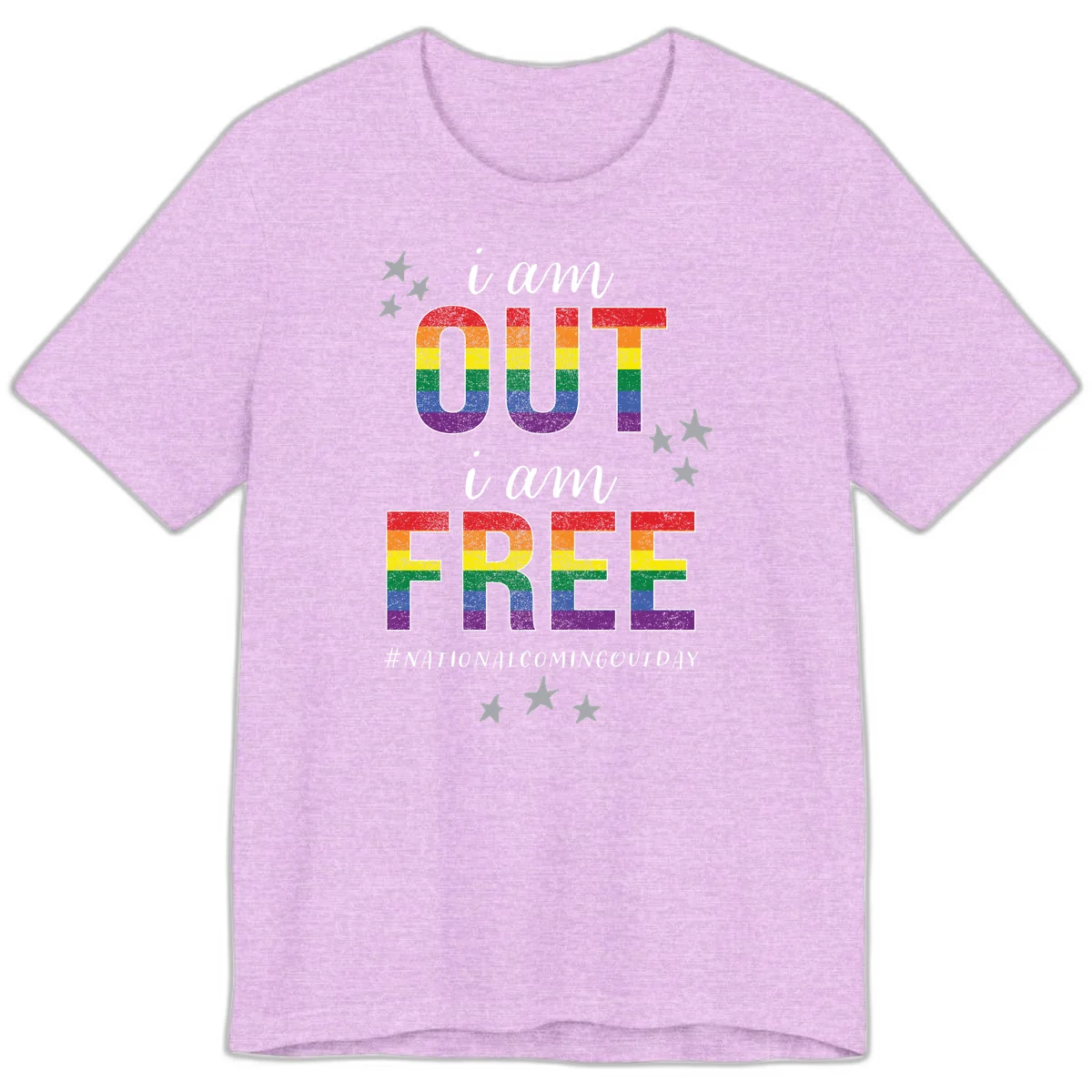 Rainbow-striped letters spelling 'i am OUT i am FREE' with decorative stars on gray background celebrating National Coming Out Day pride. in Heather Prism Lilac