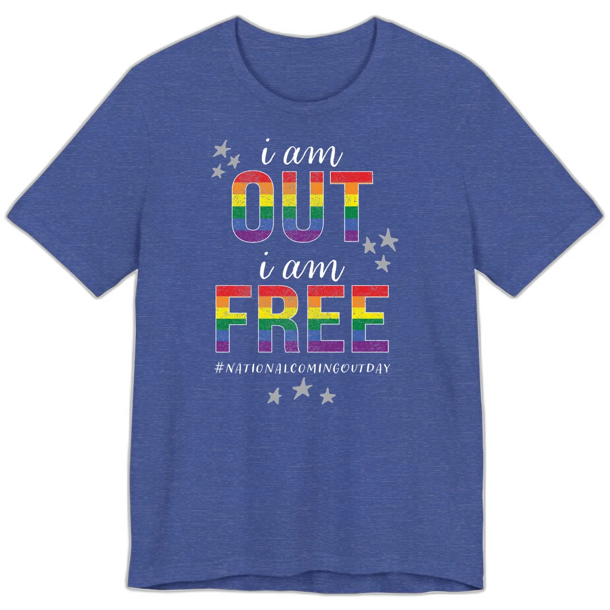 Rainbow-striped letters spelling 'i am OUT i am FREE' with decorative stars on gray background celebrating National Coming Out Day pride. in Heather True Royal