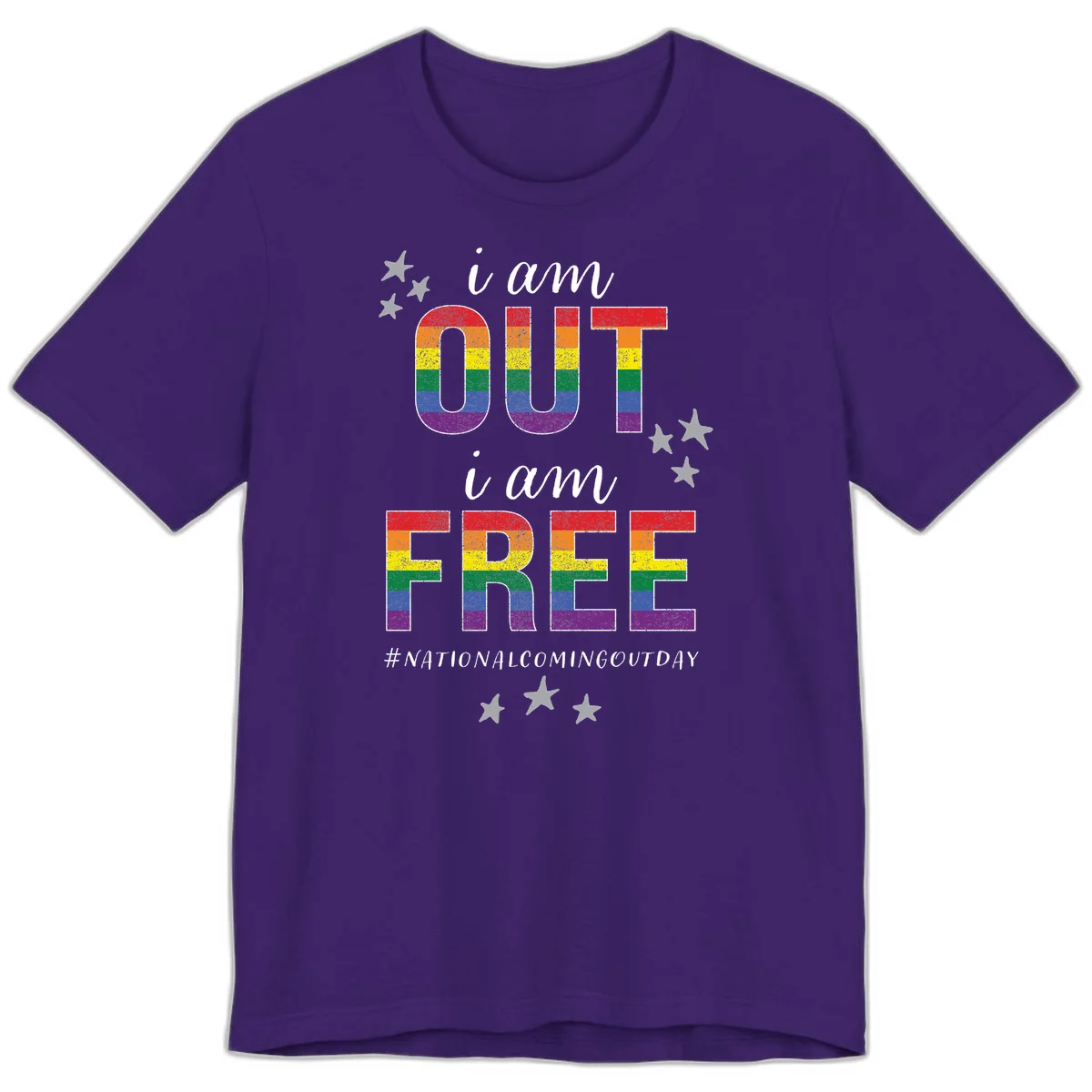 Rainbow-striped letters spelling 'i am OUT i am FREE' with decorative stars on gray background celebrating National Coming Out Day pride. in Team Purple