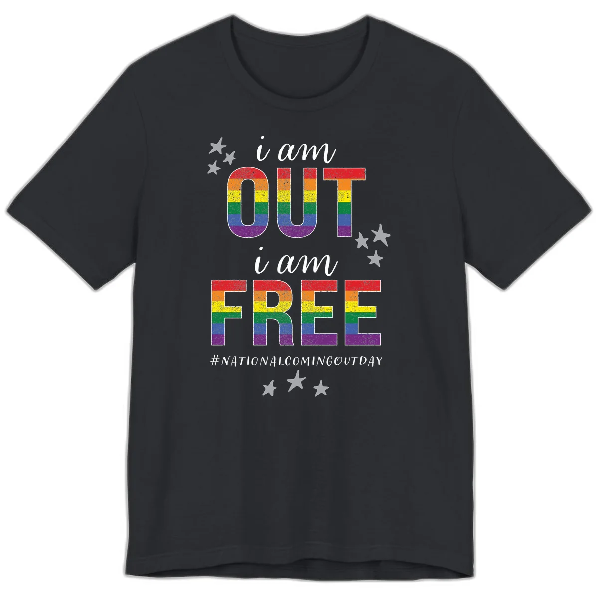 Rainbow-striped letters spelling 'i am OUT i am FREE' with decorative stars on gray background celebrating National Coming Out Day pride. in Vintage Black