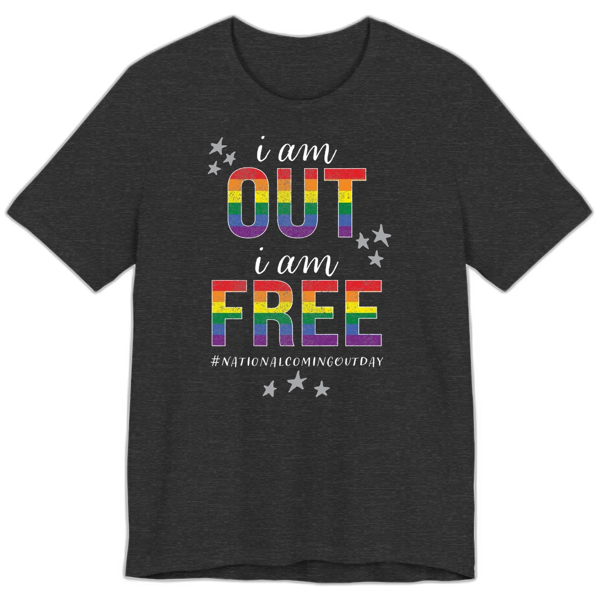 Rainbow-striped letters spelling 'i am OUT i am FREE' with decorative stars on gray background celebrating National Coming Out Day pride. in Dark Grey Heather