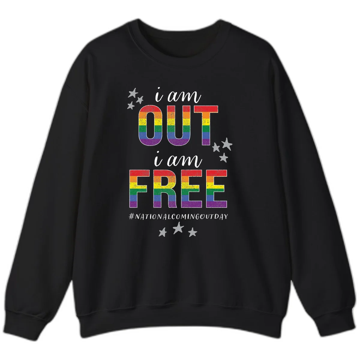 Rainbow-striped letters spelling 'i am OUT i am FREE' with decorative stars on gray background celebrating National Coming Out Day pride. in Black
