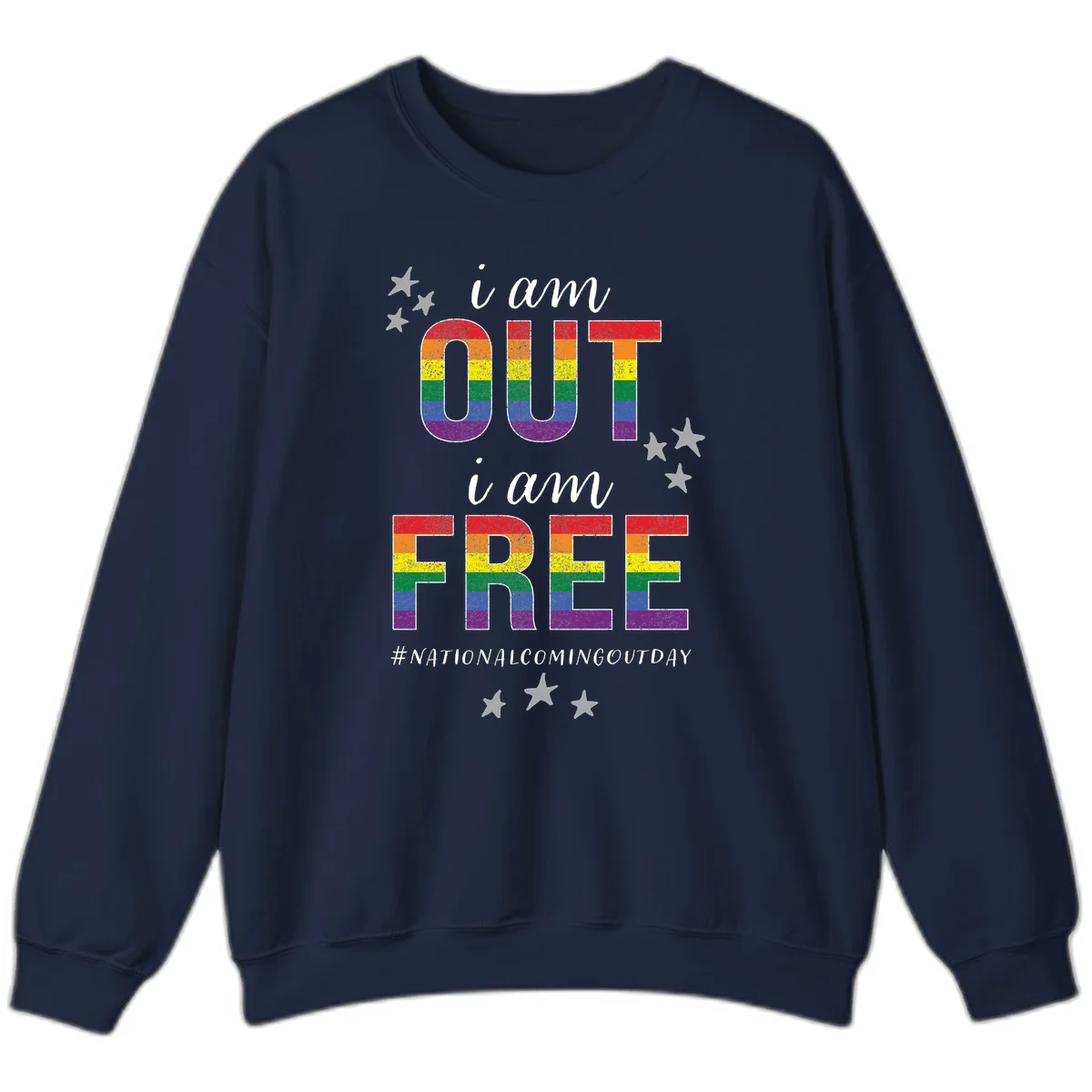 Rainbow-striped letters spelling 'i am OUT i am FREE' with decorative stars on gray background celebrating National Coming Out Day pride. in Navy