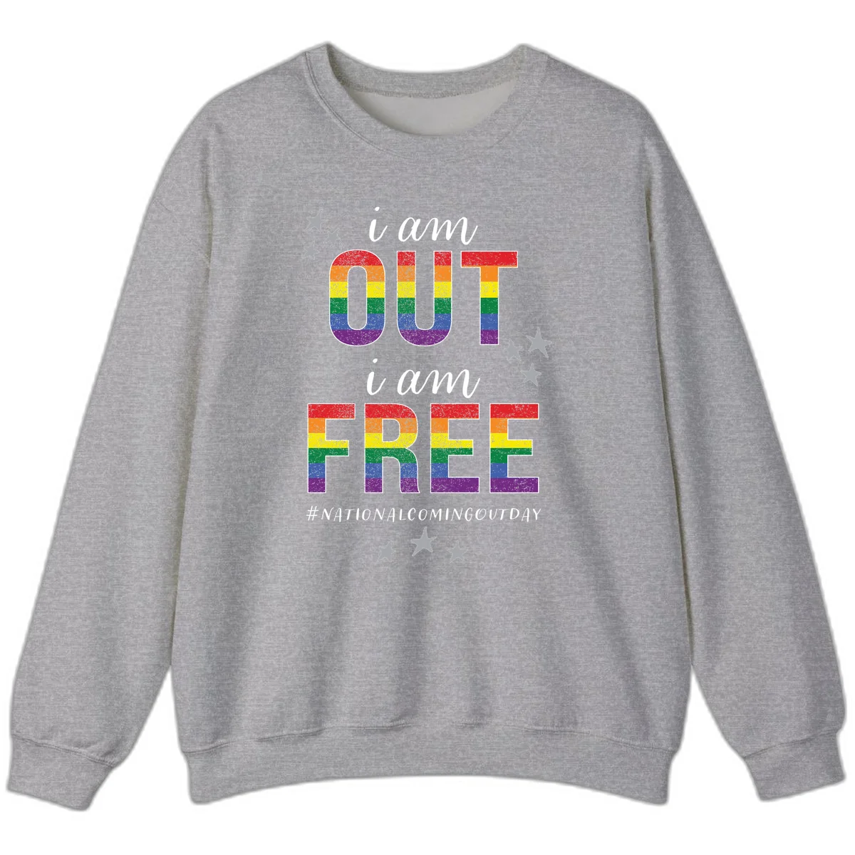 Rainbow-striped letters spelling 'i am OUT i am FREE' with decorative stars on gray background celebrating National Coming Out Day pride. in Sport Grey