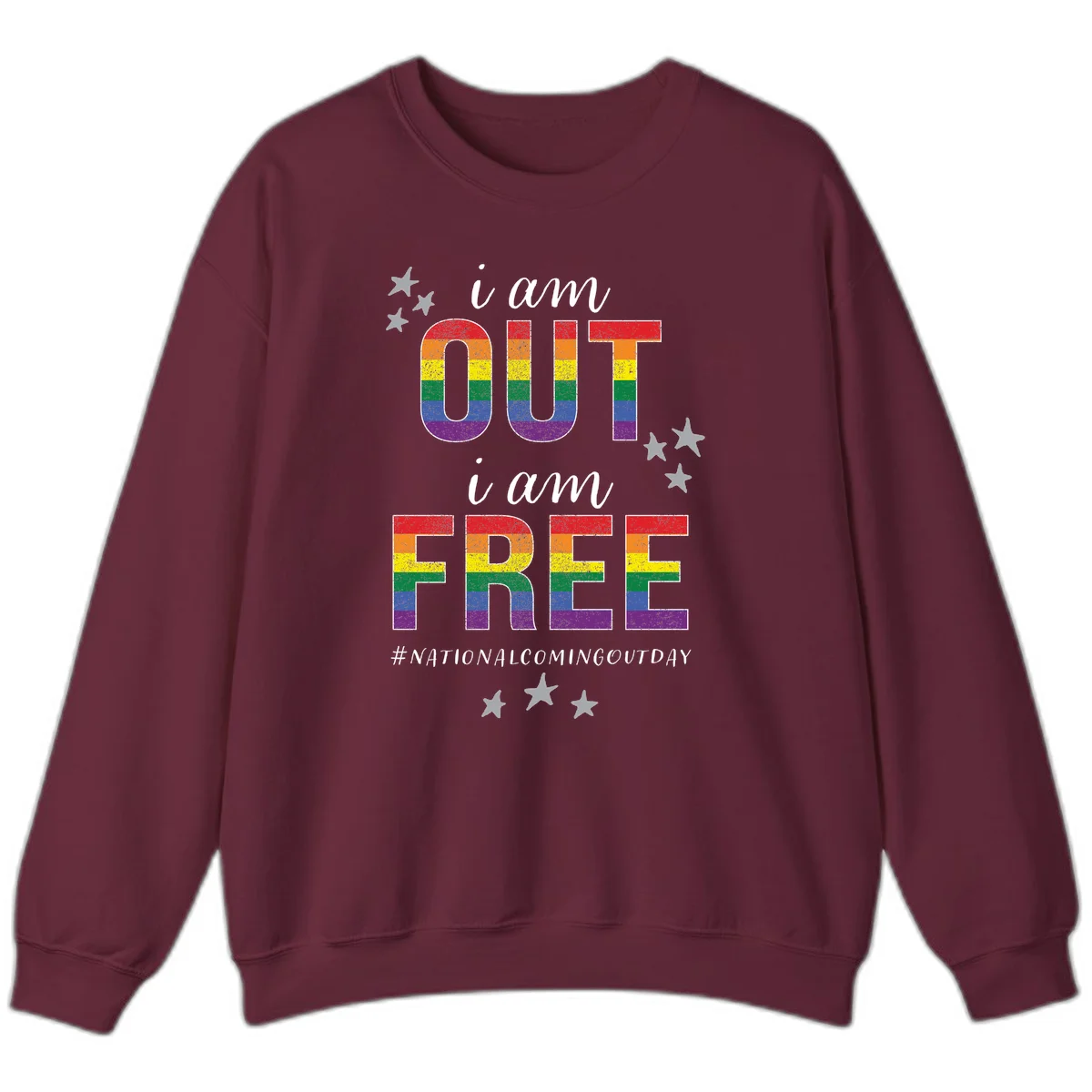 Rainbow-striped letters spelling 'i am OUT i am FREE' with decorative stars on gray background celebrating National Coming Out Day pride. in Maroon