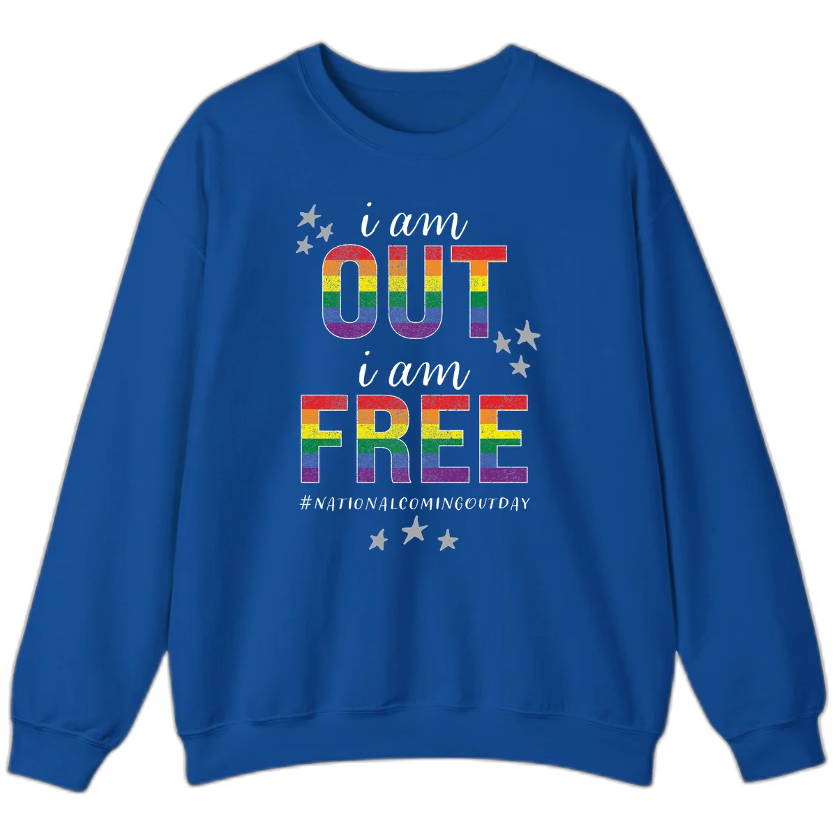 Rainbow-striped letters spelling 'i am OUT i am FREE' with decorative stars on gray background celebrating National Coming Out Day pride. in Royal
