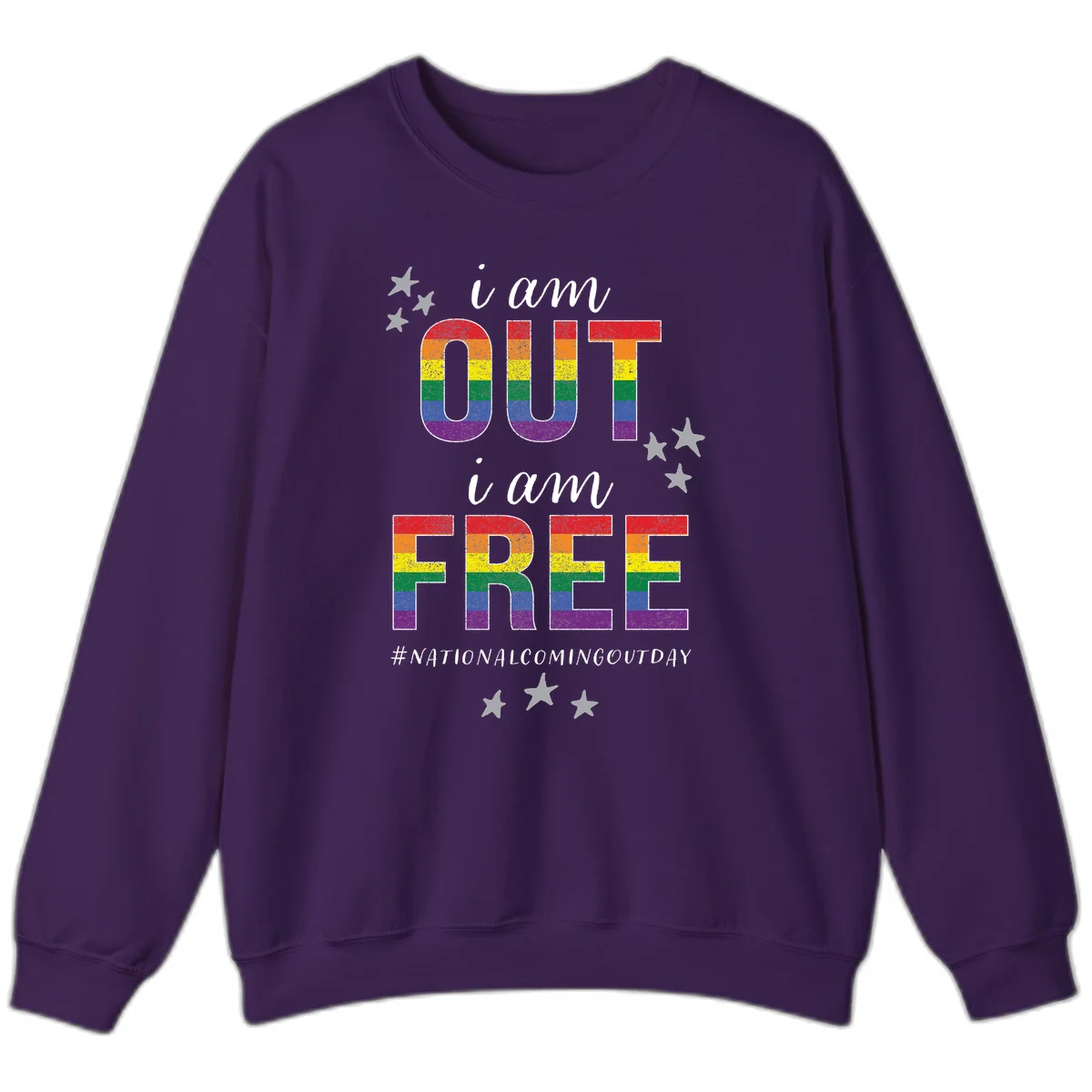 Rainbow-striped letters spelling 'i am OUT i am FREE' with decorative stars on gray background celebrating National Coming Out Day pride. in Purple
