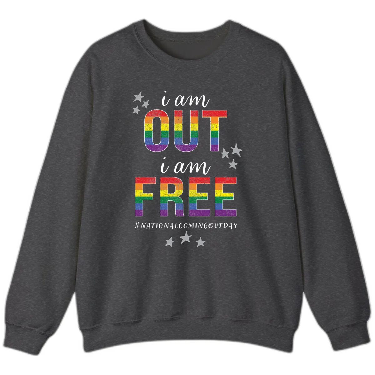 Rainbow-striped letters spelling 'i am OUT i am FREE' with decorative stars on gray background celebrating National Coming Out Day pride. in Dark Heather