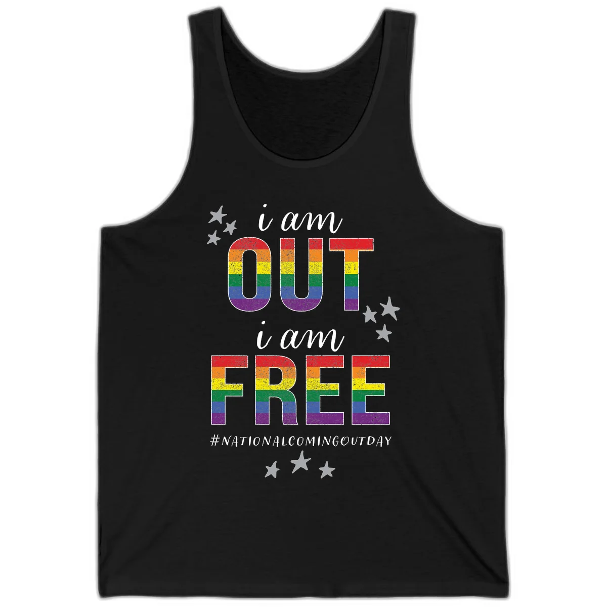 Rainbow-striped letters spelling 'i am OUT i am FREE' with decorative stars on gray background celebrating National Coming Out Day pride. in Black