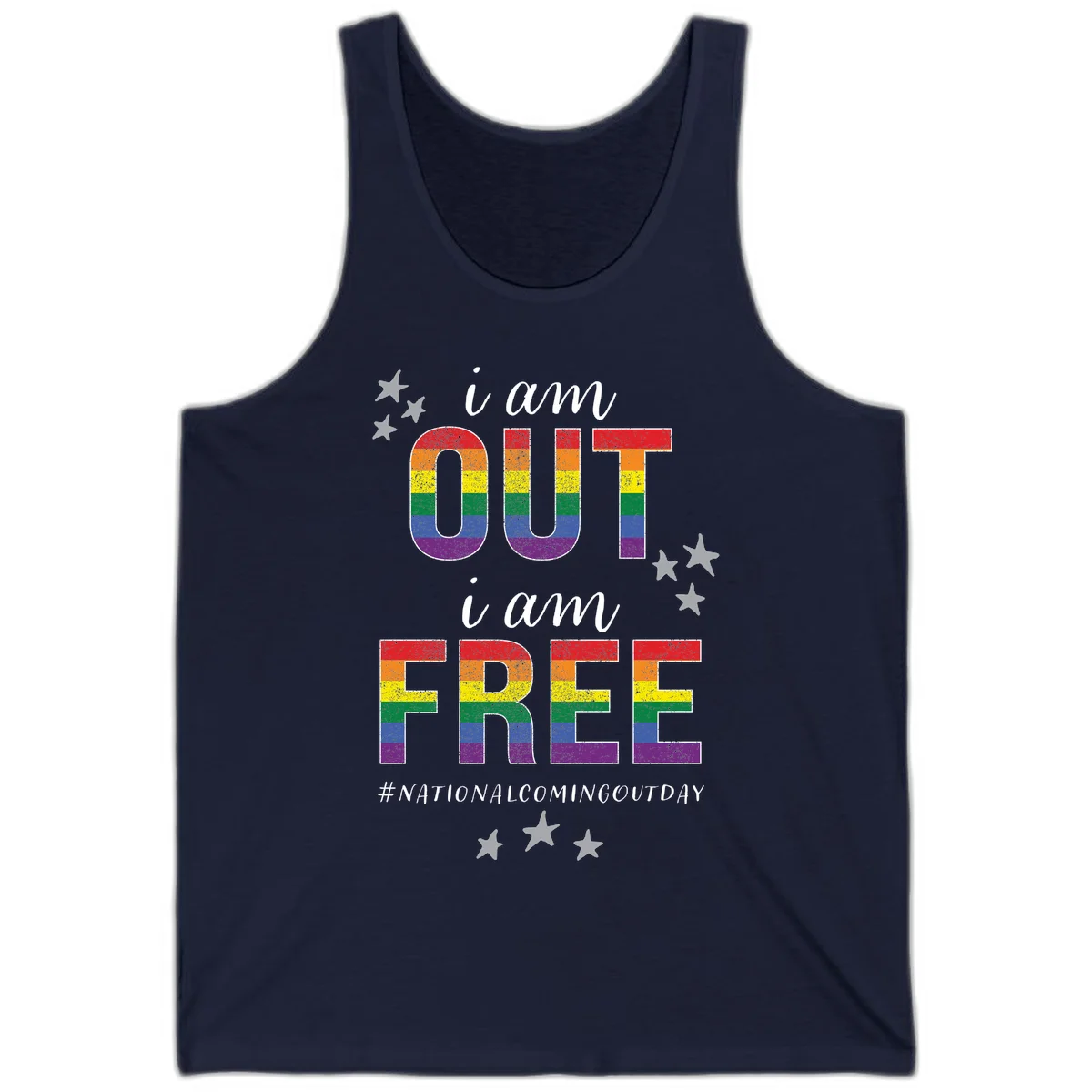 Rainbow-striped letters spelling 'i am OUT i am FREE' with decorative stars on gray background celebrating National Coming Out Day pride. in Navy