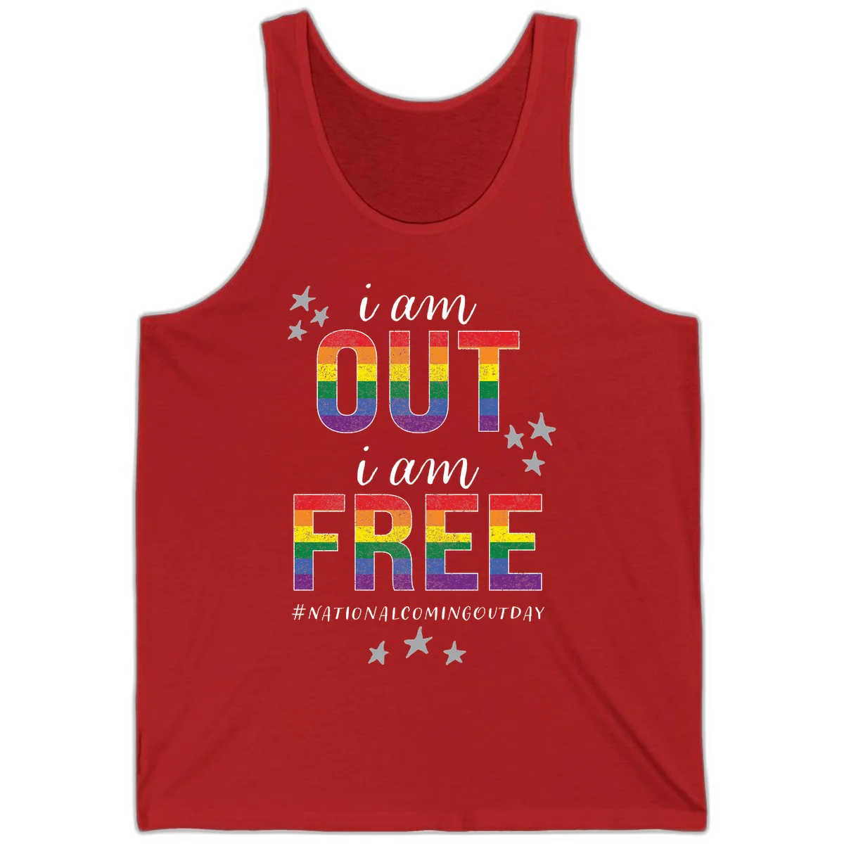 Rainbow-striped letters spelling 'i am OUT i am FREE' with decorative stars on gray background celebrating National Coming Out Day pride. in Red