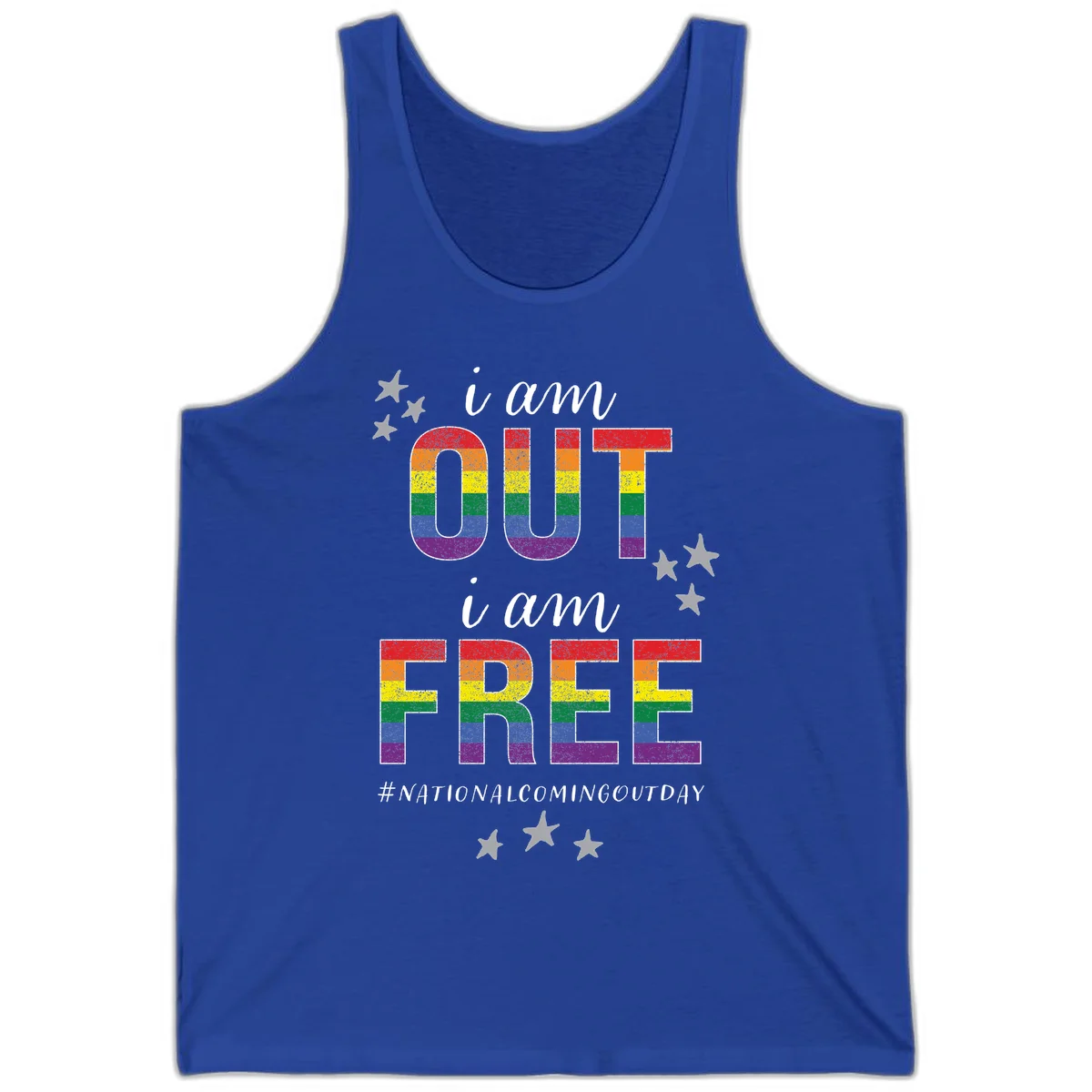 Rainbow-striped letters spelling 'i am OUT i am FREE' with decorative stars on gray background celebrating National Coming Out Day pride. in True Royal