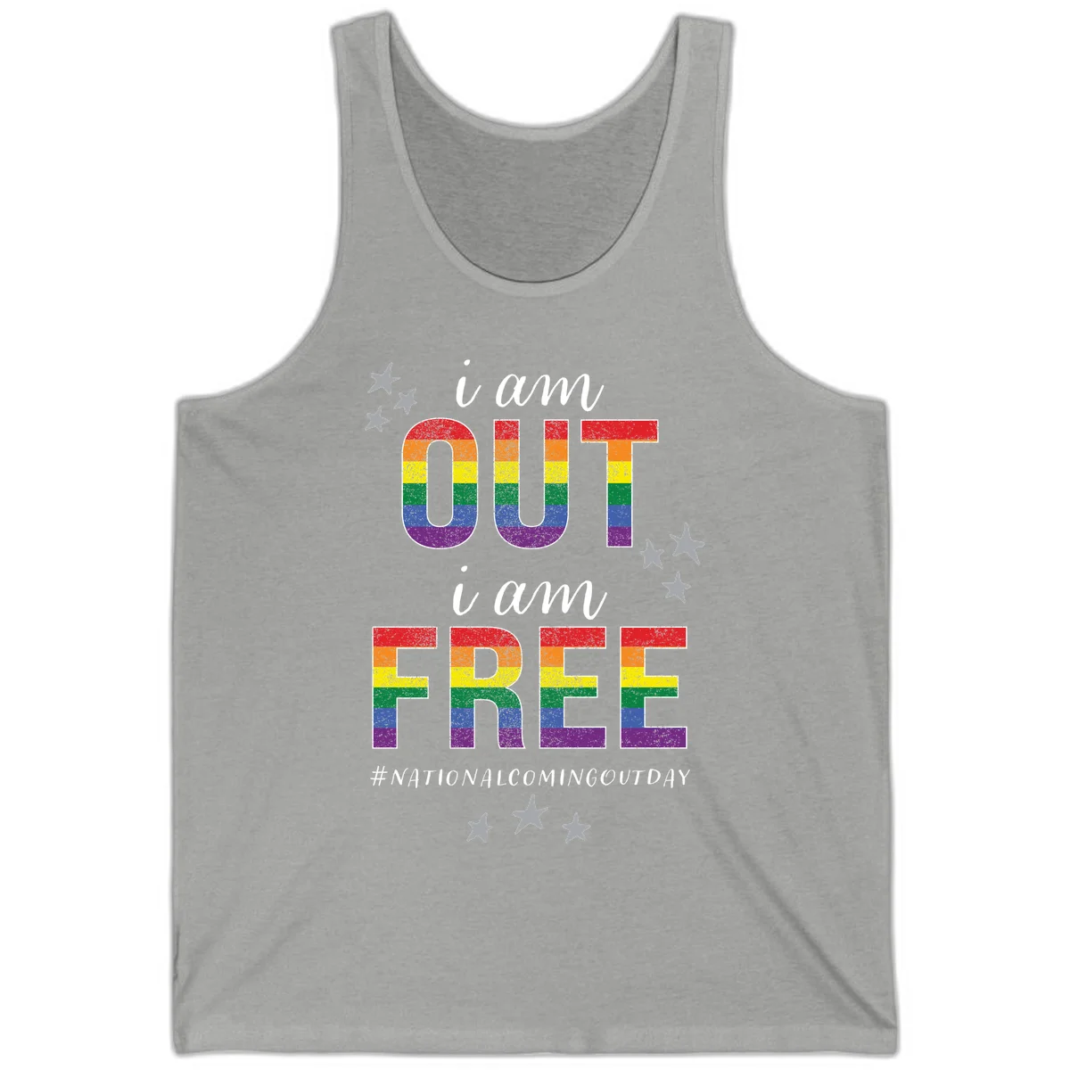 Rainbow-striped letters spelling 'i am OUT i am FREE' with decorative stars on gray background celebrating National Coming Out Day pride. in Athletic Heather