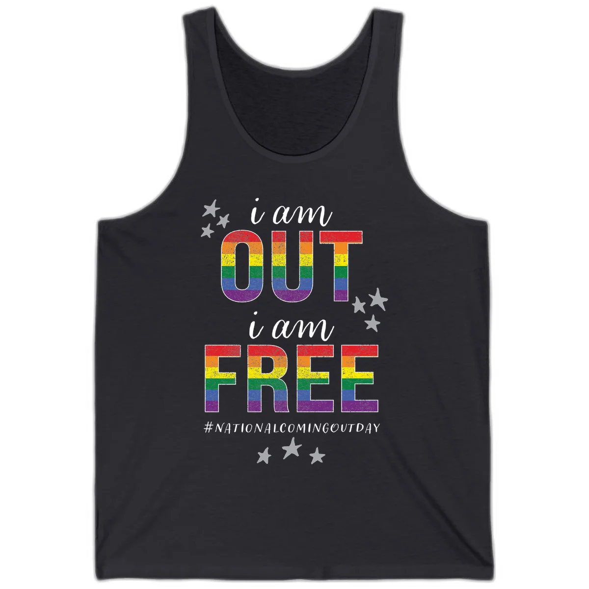 Rainbow-striped letters spelling 'i am OUT i am FREE' with decorative stars on gray background celebrating National Coming Out Day pride. in Dark Grey