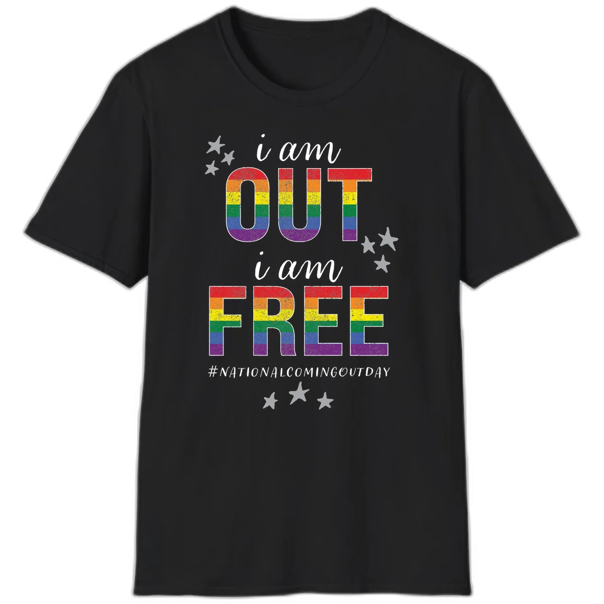 Rainbow-striped letters spelling 'i am OUT i am FREE' with decorative stars on gray background celebrating National Coming Out Day pride. in Black