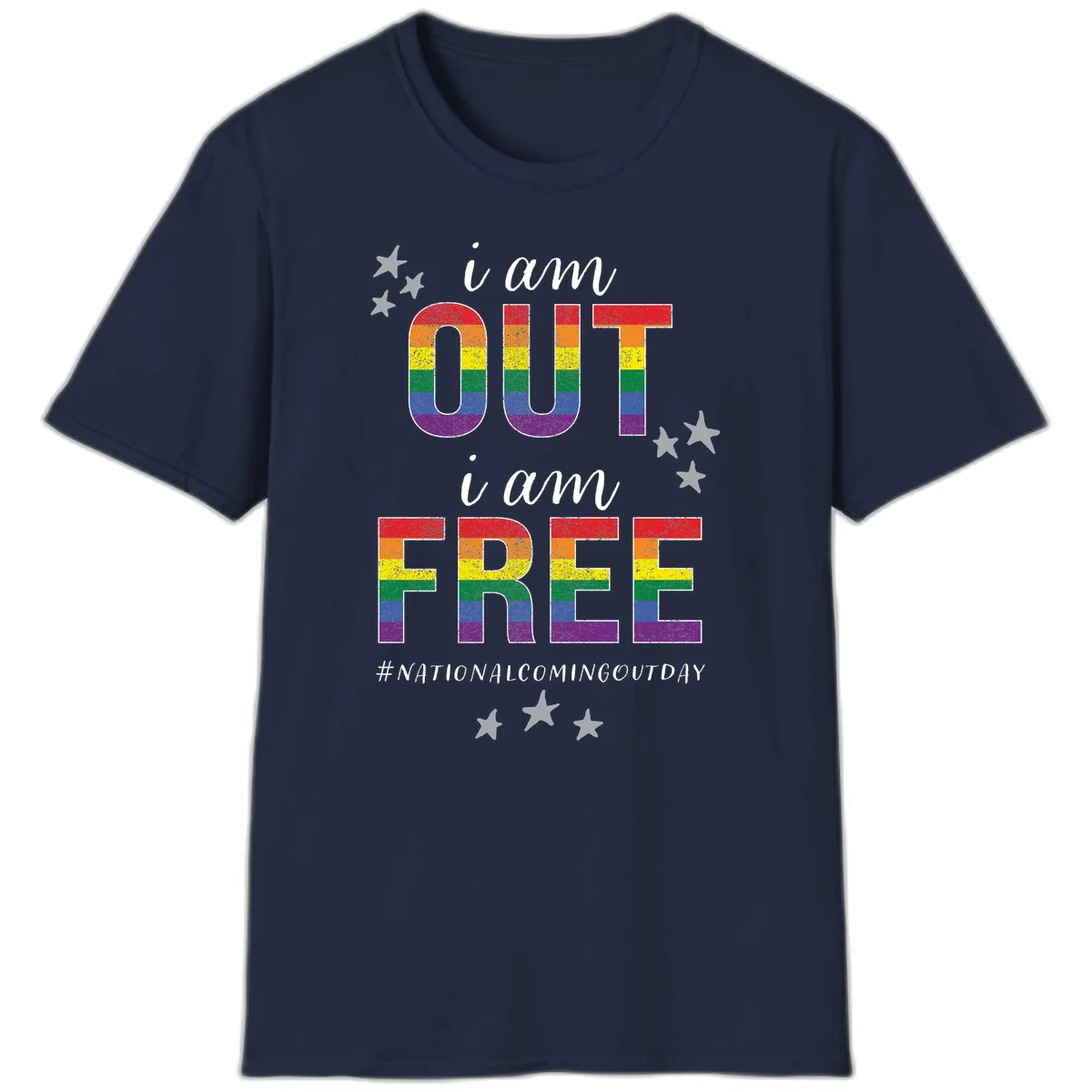 Rainbow-striped letters spelling 'i am OUT i am FREE' with decorative stars on gray background celebrating National Coming Out Day pride. in Navy