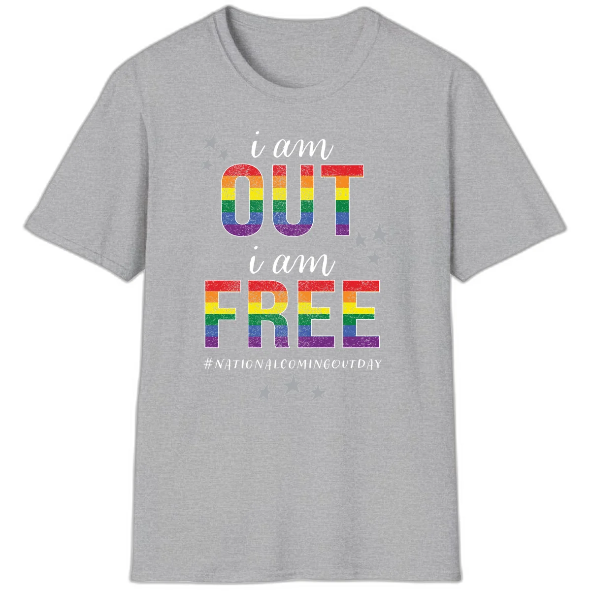 Rainbow-striped letters spelling 'i am OUT i am FREE' with decorative stars on gray background celebrating National Coming Out Day pride. in Sport Grey