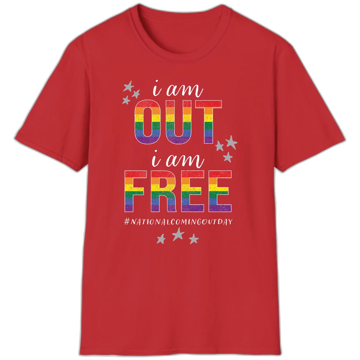 Rainbow-striped letters spelling 'i am OUT i am FREE' with decorative stars on gray background celebrating National Coming Out Day pride. in Red